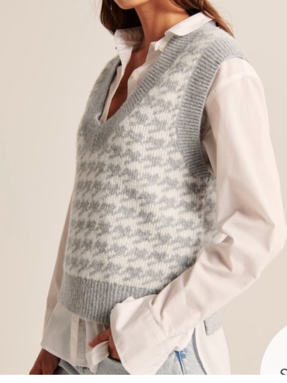 Abercrombie & Fitch Knit V-Neck Sweater Vest Grey White Houndstooth XS